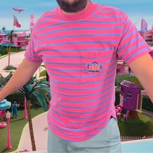 80's/Early 90's EUROPREP Pink/Purplish Blue striped Tee Short With shirt tail MD